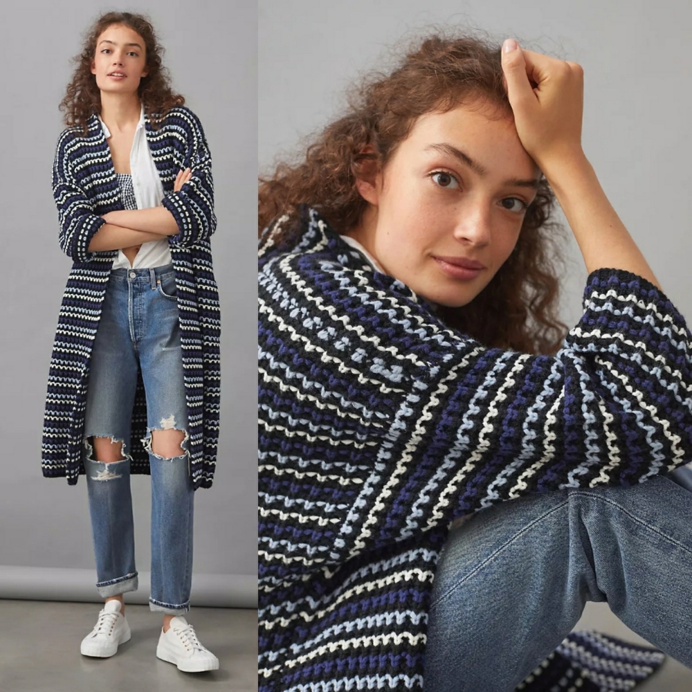 FRNCH Navy, Black & White Striped Knit Wrap